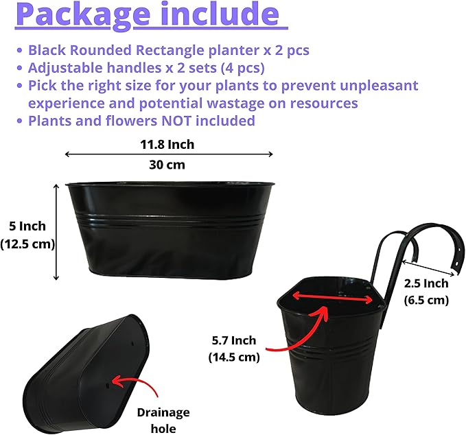 LaLaGreen Rail Planter Outdoor Plants (11.8 Inch, 2 Pack) Black Metal Iron Fence Hanging Flower Pots Deck Railings Buckets Countryside Boho Style Wall Mount Window Box Plant Holder Hooks Porch Decor
