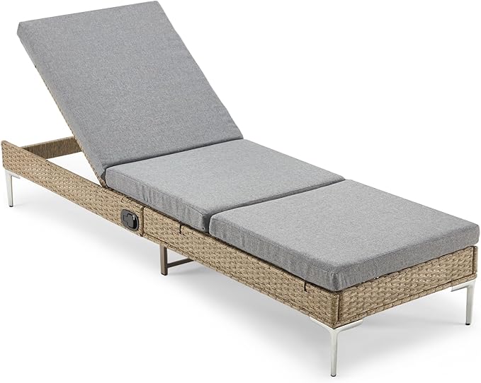 HOMREST Outdoor Chaise Lounge Chair, Patio Wicker Recliner with Pneumatic Adjustable Backrest, Rattan Pool Sunbathing Chair Suitable for Poolside & Backyard with Removable Cushion (Grey)