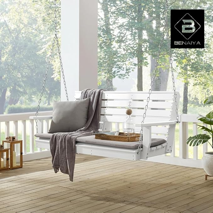 Premium Poly Lumber Porch Swing with Mounting Kit – All-Weather HDPE Hanging Bench with Cup Holders & Steel Chains for Patio or Backyard
