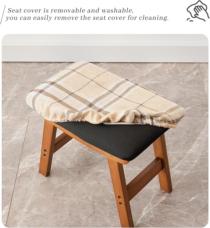 Foot Stool,Ottoman,Bamboo Small Sofa Foot Rest Under Desk,Extra Seating for Living Room, Bedroom and Kitchen (Brown Stool Legs - Stripes Surface)