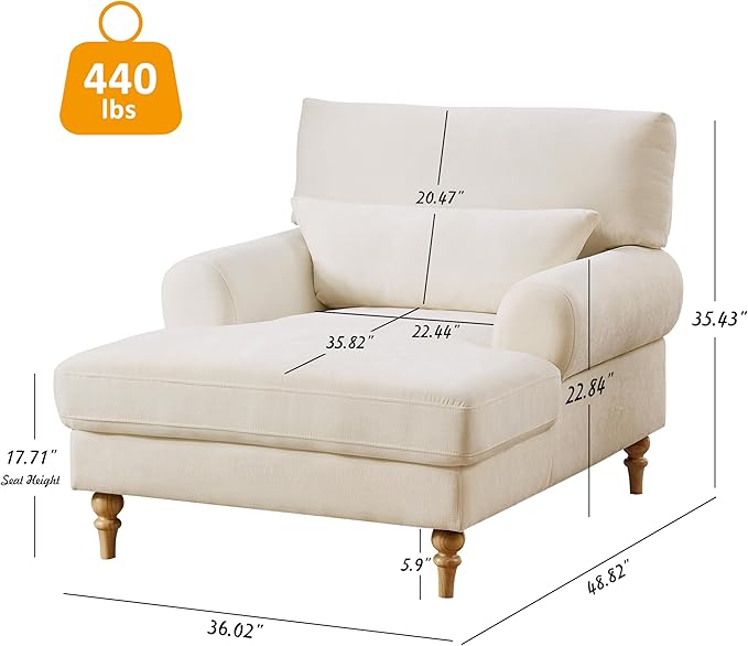 Modern Chaise Lounge Chair with Adjustable Backrest, Upholstered Indoor Leisure Sofa Recliner, Oversized Accent Chair Deep Seat Reading Armchair for Living Room, Bedroom, Office, Beige White