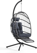 SWITTE Egg Chair Outdoor with Footrest & Stand, Indoor Wicker Hanging Egg Swing Chair with Cushion for Patio, Bedroom, Garden - Dark Gray