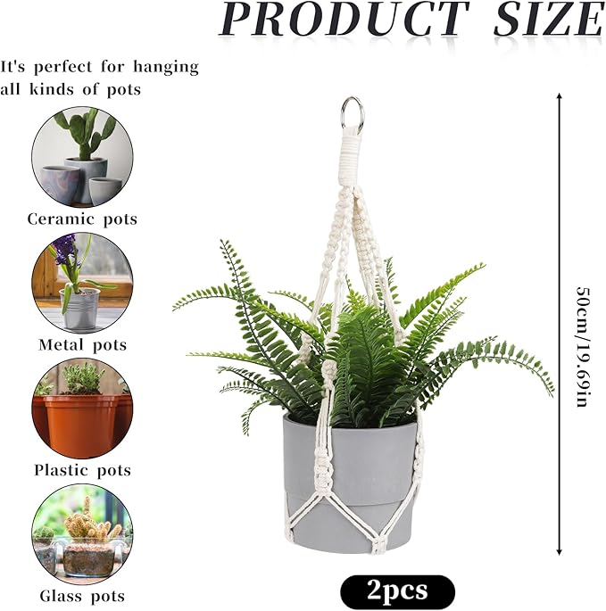 Macrame Plant Hanger, 2 Pack Boho Hanging Planters Baskets for Indoor Plants Decorative Braided Cotton Rope Flower Pot Holder with Metal Hook Rings for Outdoor Home Decor, No Tassels, Ivory, 20 Inchs