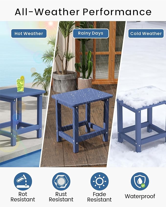 Weatherproof Outdoor Side Table, HDPE Small Outdoor Table for Adirondack, 16.6-Inch Patio Square End Tables for Garden, Backyard, Porch, Deck, Balcony, Poolside (Navy Blue)