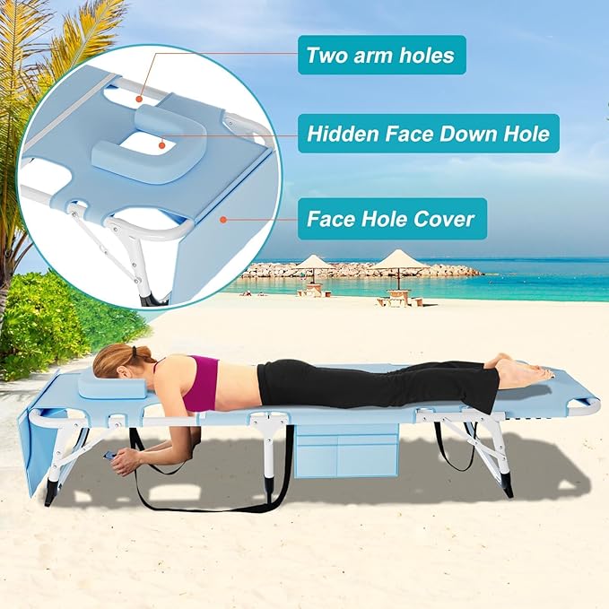 ABORON Oversized Folding Sun Tanning Chair, 3 in 1 Heavy Duty Chaise Lounge Chairs, with Mat/Pillow/Face Arm Holes, Work for Beach Pool/Lawn Yard/Patio
