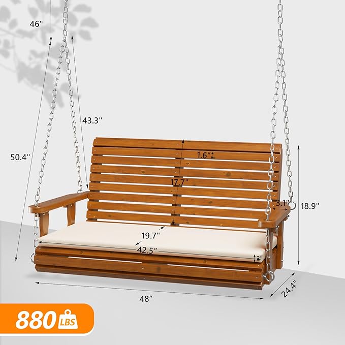 VINGLI Wooden Porch Swing, Heavy Duty 880 LBS Hanging Patio Bench with Extra Cushion for Lawn| Garden| Courtyard (Brown, 4 feet)