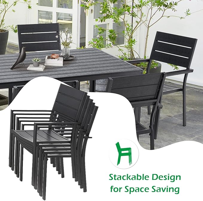 AECOJOY 7 Piece Outdoor Dining Set, 60" x 36" Aluminum Patio Table and Chairs Set for 6 with Rectangular Table and Stackable Chairs for Garden, Backyard, Black