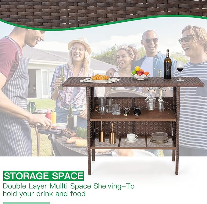 ECOTOUGE Patio Wicker Bar Table, Outdoor Rattan Counter Table with Steel Storage Shelves & Wine Rack for Party, Picnic (Brown)