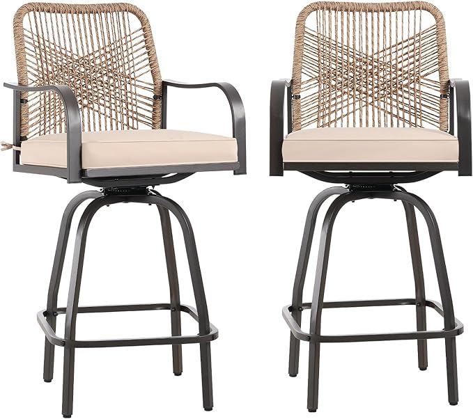 Patio Swivel Bar Stools Set of 2, Outdoor Rattan Height Bar Patio Swivel Chairs with Steel Frame and Thickened Cushion for Garden, Balcony, Lawn and Backyard (Rattan Brown)