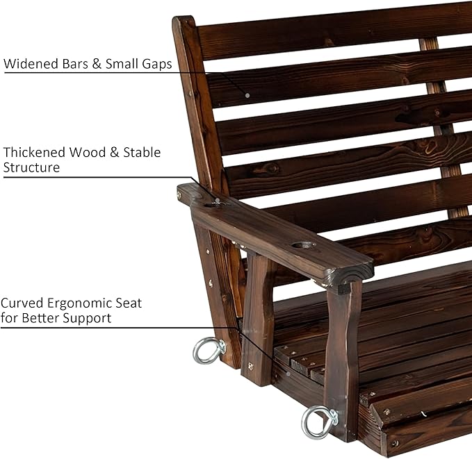 Wooden Porch Swing, Ergonomic Seat, Bench Swing with Hanging Chains and 7mm Springs, Heavy Duty 880 LBS, for Outdoor Patio Garden Yard (Dark Brown, 3-Seater Extra Large)