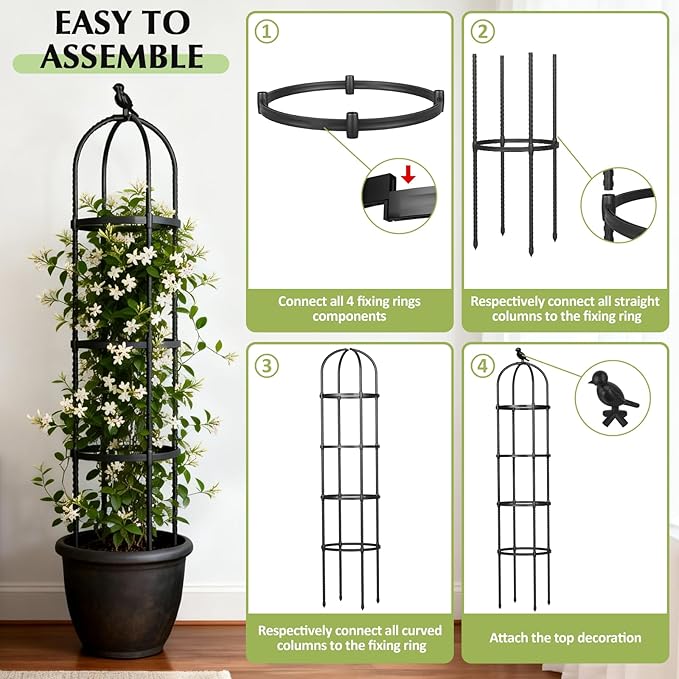 Garden Obelisk Trellis for Climbing Plants Outdoor, 6.2 FT Tomato Cage, Rose, Flowers, Grape, Pea, Cucumber Trellis, Rustproof Plastic Coated Metal Plant Support Trellis for Potted Plants (2 Pack)