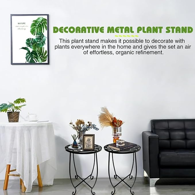2 Pack 15 Inch Tall Plant Stands Outdoor Indoor, Metal Side Tables for Patio, Weather Resistant Flower Pot Racks with Swirl Pattern, Black End Table Set for Garden Balcony