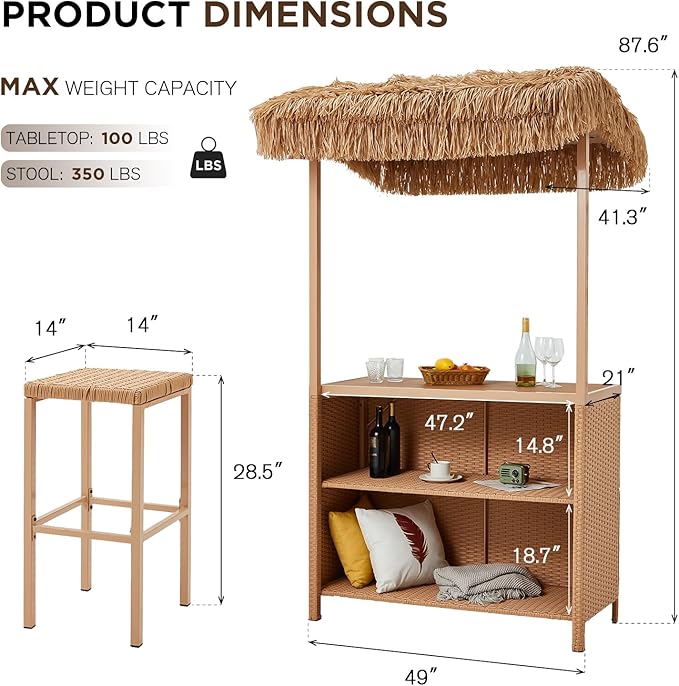 HOMREST Outdoor Tiki Bar Set, 3 Pieces Wicker Patio Bar Set w/2 Height Stools, Storage Shelf, Canopy, Plastic Wood Tabletop for Backyard Poolside Garden, Beige
