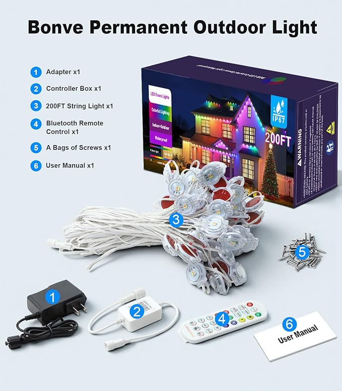 200FT Permanent Outdoor Lights for House, 2025 Smart RGB LED Outside Eaves Lights with APP Remote Control, IP67 Waterproof Outdoor Lighting Decor for Christmas Holiday, Halloween, Roof, Party, Daily