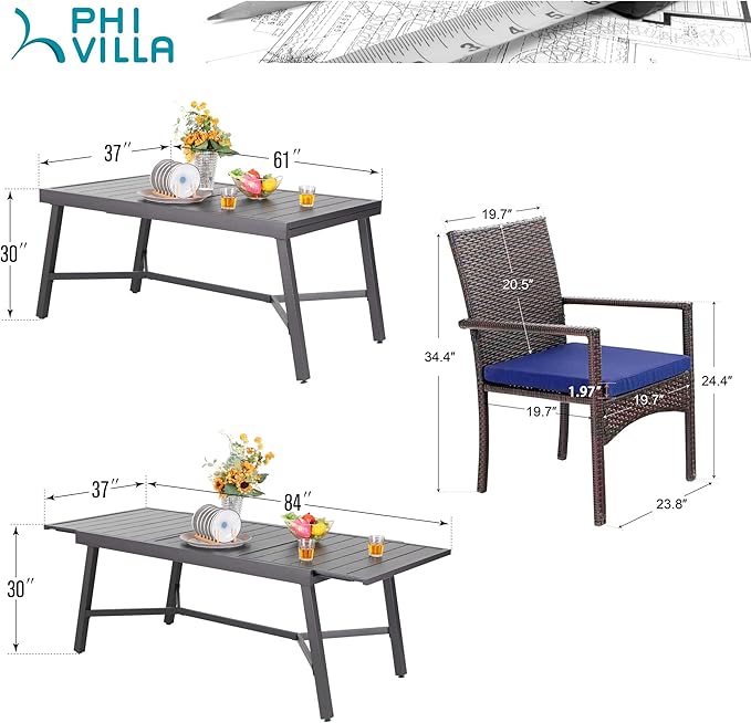 PHI VILLA 9 Piece Outdoor Dining Set for 8, Expandable Rectangular Metal Dining Table & Rattan Wicker Chairs with Cushions, Large Dining Furniture Set for Patio, Deck, Yard