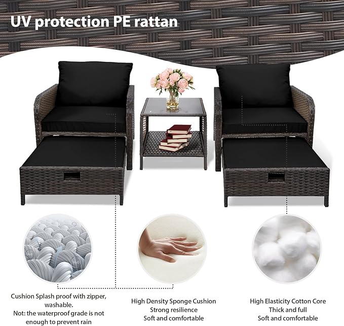 LEVELEVE Balcony Furniture 5 Piece Patio Conversation Set, PE Wicker Rattan Outdoor Lounge Chairs with Soft Cushions 2 Ottoman&Glass Table for Porch, Lawn-Brown Wicker（Black