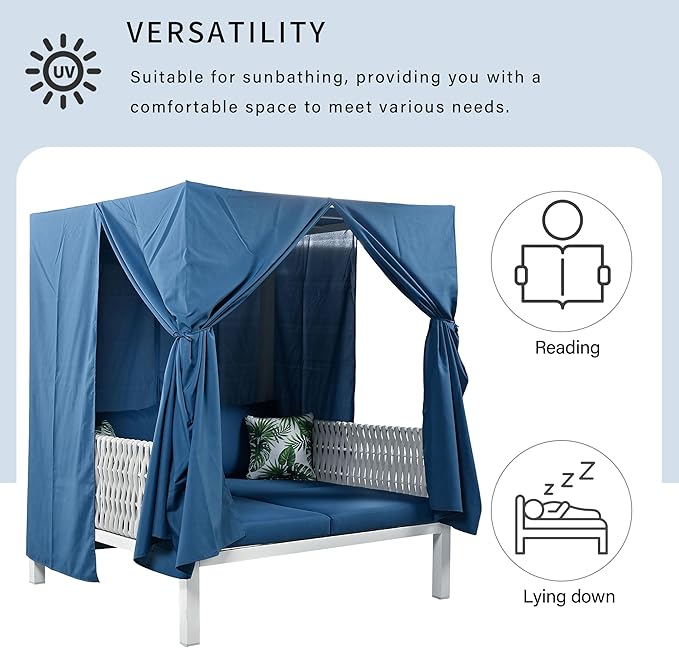 Merax Outdoor Patio Daybed with Soft Thick Cushions, Two Pillows and Curtains, Double Chaise Lounge Sunbed with Rubber Core Rope Backrest for Outside Pool, Garden, Backyard, Lawn, Blue