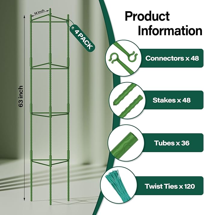 Halatool 63 Inch Tomato Cages, 4 Pack Adiustable Plant Cages Assembled Tomato Garden Cages Stakes Vegetable Support Trellis with 120 Feet Twist Tie, Snap-On for Vertical Climbing Plants