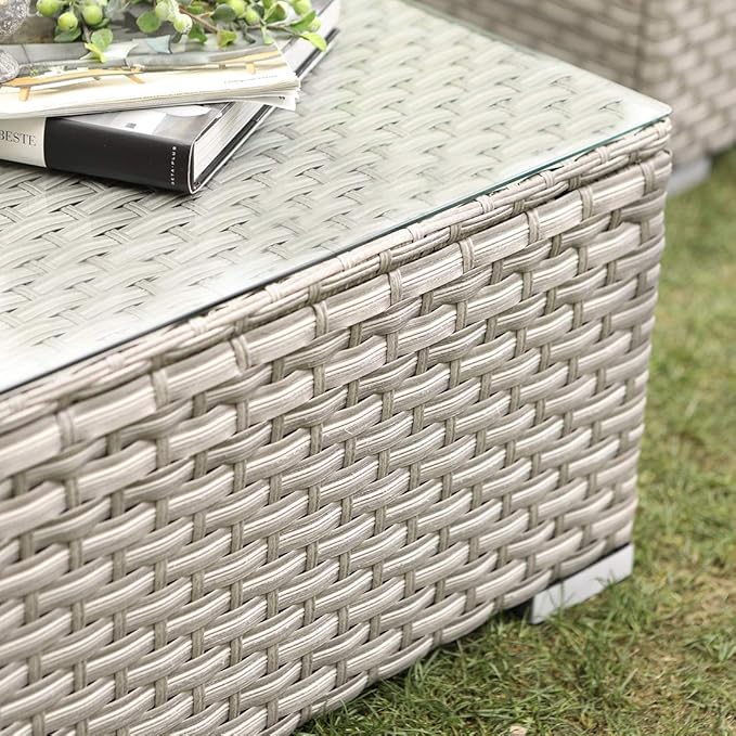 COSIEST Outdoor Furniture Warm Gray Wicker Glass-Top Coffee Table for Expanding Sectional Sofa Set for Garden, Pool, Backyard