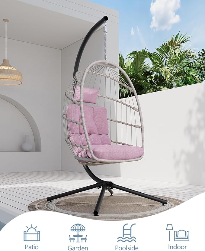 SWITTE Egg Chair Outdoor with Stand, Indoor Wicker Hanging Egg Swing Chair with Cushion, 350lbs Capacity for Patio, Bedroom, Garden - Pink