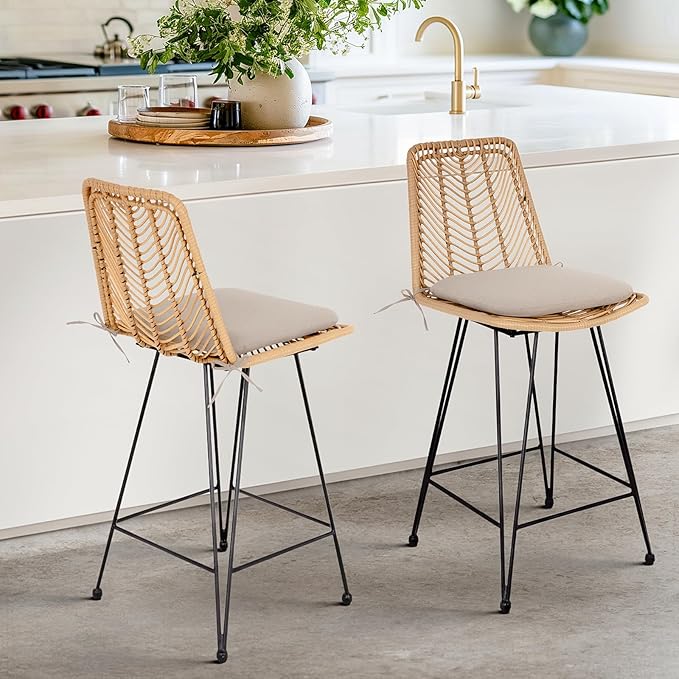 IDZO Set of 2 Rattan Counter Stools, 24" Height, 400lbs Capacity, Cushioned Seats, Steel Frame, for Indoor and Outdoor Use, Suitable for Patio, Bar, or Kitchen Island