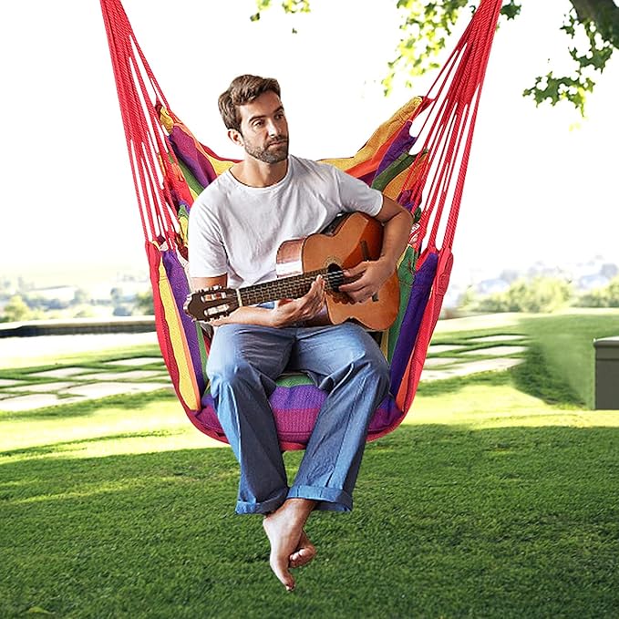 KPX Ourdoor Hanging Hammock Chair – Comfortable Tree Swing Chair Large Size 110X130cm（Without Pillows） - 330 Lbs Weight Capacity (Rainbow)