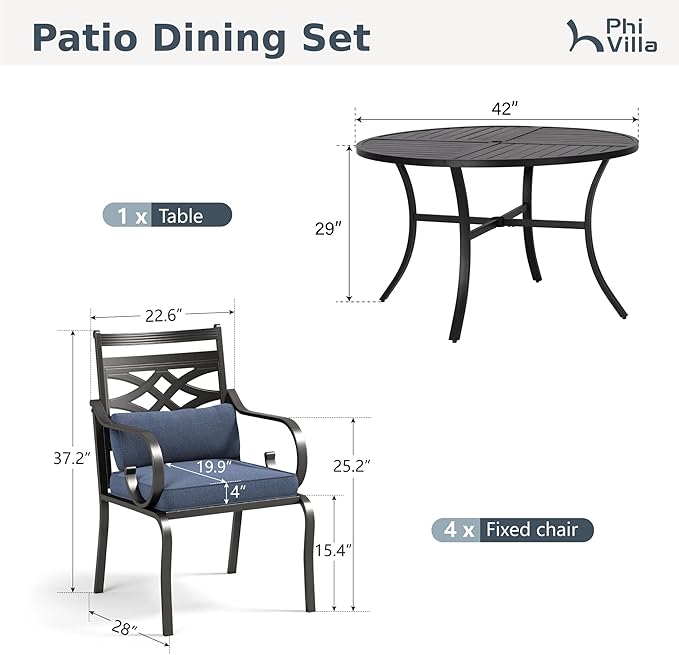 PHI VILLA 5 Pieces Outdoor Dining Set for 4, 42" Round Black Metal Table with Umbrella Hole & Wrought Iron Chairs, Large Outside Furniture with Blue Cushions & Pillows for Patio, Deck, Porch