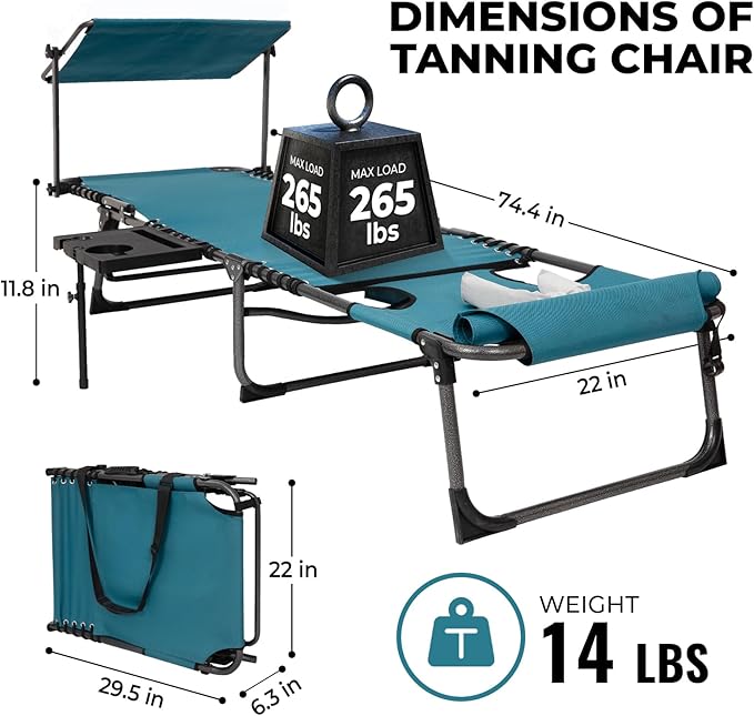 FUNDANGO 4 in 1 Tanning Chair with Face Hole, Beach Lounge Chair w/Canopy Shade & Side Table Chaise Lounge Chairs for Patio, Pool, Lawn, Sunbathing, 5-Position Adjustable Sun Lounger, Set of 2 Cyan