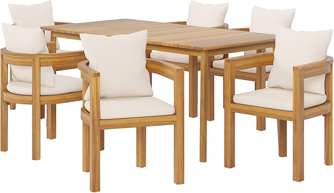 Christopher Knight Home Kclent Patio Acacia Wood Dining Set for 6 People, Outdoor Dinner Table & Chairs with Hollow Armrest, Removable Cushions, 7 Piece Patio Set for Backyard Deck, Teak+ Beige