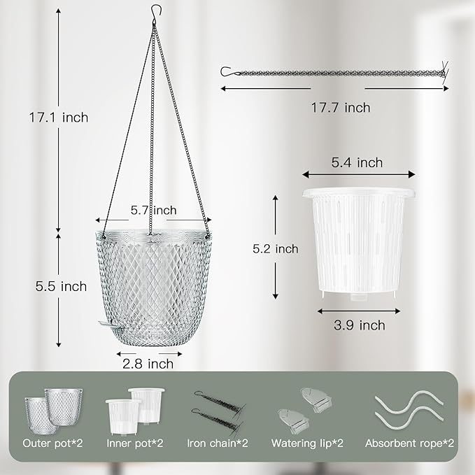 QCQHDU Self Watering Hanging Pots, 2 Pack 5.7 Inch Hanging Planters for Plants Indoor, Outdoor Flower Pots with Drainage Holes and 3 Hooks Chains for Garden Home (Clear)