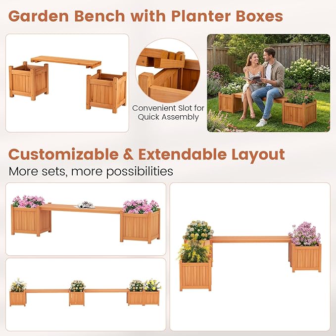 Giantex 4-in-1 Outdoor Bench with 4 Planter Boxes, Wood with Teak Oil Finish, Garden Bench Seat with Raised Garden Beds for Porch Balcony Lawn Yard, DIY Assembly, Orange