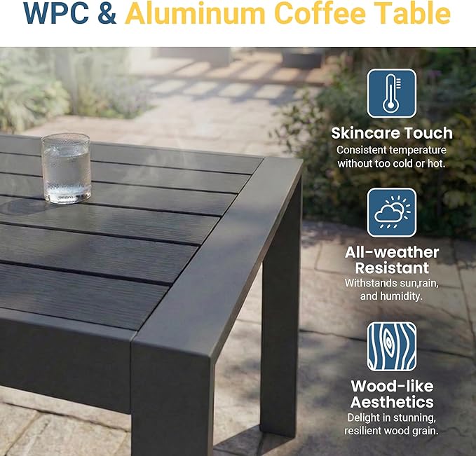 Wisteria Lane Aluminum Outdoor Patio Furniture Set, Oversized Patio Conversation Sets with Deep Seating and Wide Armrest, Outdoor Sectional Metal Sofa with 5 Inch Cushion and Coffee Table, Dark Grey