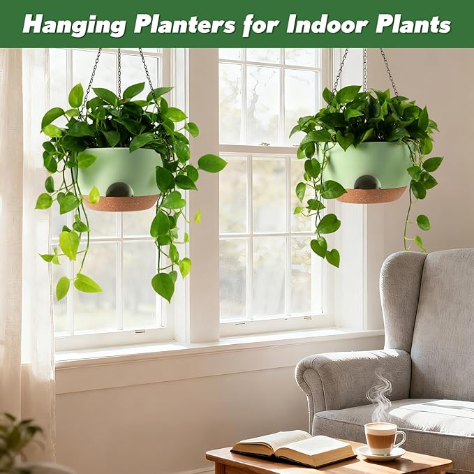 4-Piece Set of 8-Inch Hanging Planters with Automatic Watering System and Drip Tray, Includes Metal Chain, Suitable for Various Indoor and Outdoor Plants and Flowers, Green-Brown