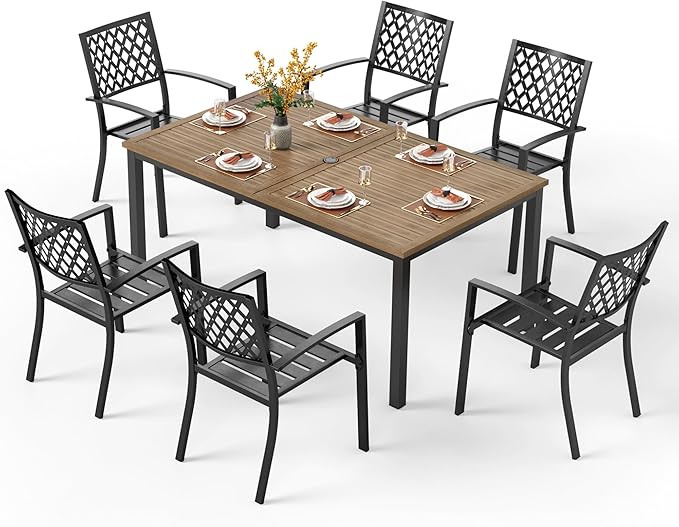 PHI VILLA 7 Pieces Outdoor Dining Set for 6, 65” Brown Wood-Like Metal Steel Table & Stackable Black Iron Chairs, Outside Furniture Set with Umbrella Hole for Patio, Deck, Yard, Porch