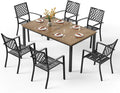 PHI VILLA 7 Pieces Outdoor Dining Set for 6, 65” Brown Wood-Like Metal Steel Table & Stackable Black Iron Chairs, Outside Furniture Set with Umbrella Hole for Patio, Deck, Yard, Porch