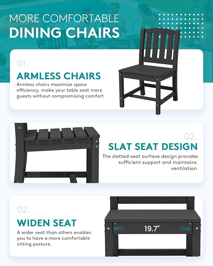 SERWALL 7-Piece Outdoor Dining Set, 60" - 83" Expandable Outdoor Dining Table and 6 HDPE Chairs, All Weather HDPE Outdoor Furniture Set for Backyard, Garden, Black