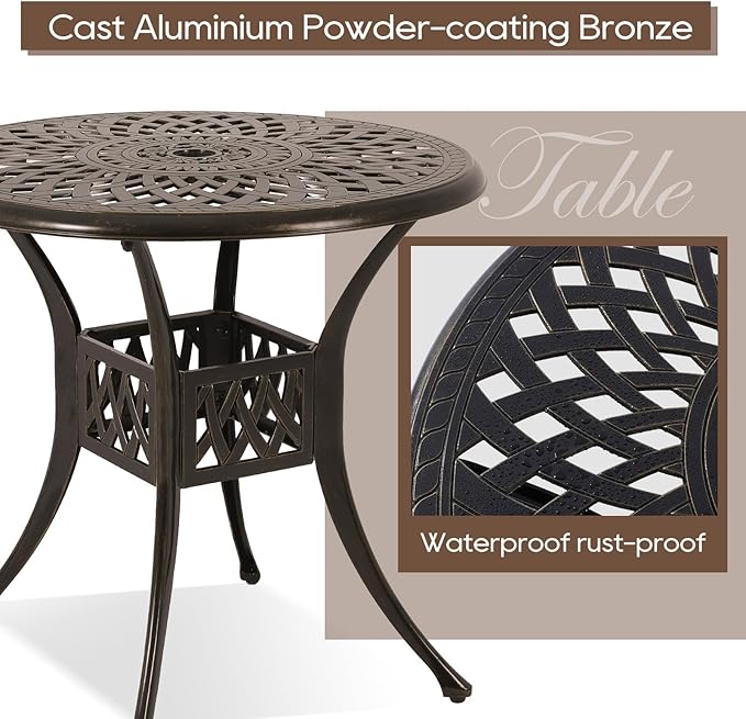Patio Dining Table,Cast Aluminum Patio Table with Umbrella Hole, Outdoor Bistro Table for Backyard, Garden, Patio