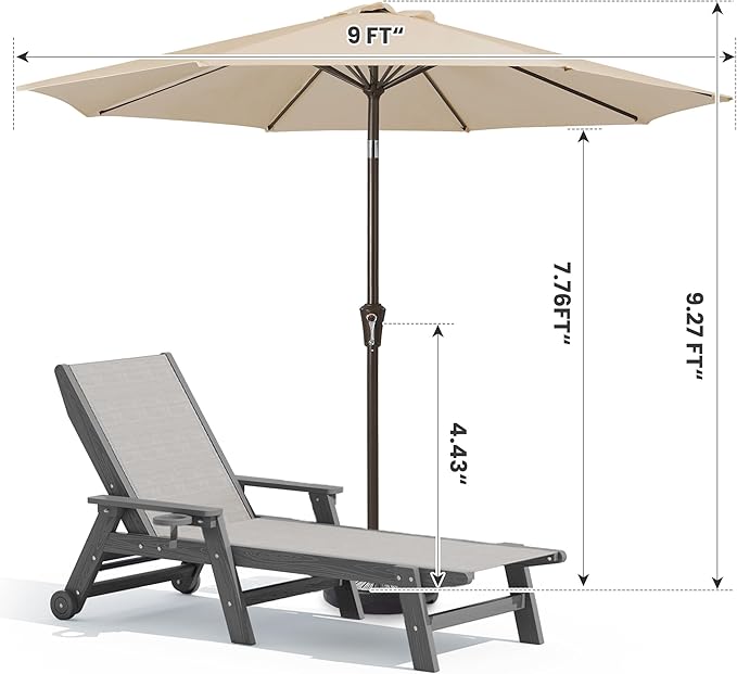 SERWALL Textilene Patio Chaise Lounge Chair Set of 2 with 9FT Patio Umbrella, 5 Positions Outdoor Lounger with Rolling Wheels for Pool, Deck, Grey (Umbreall Base not Included)