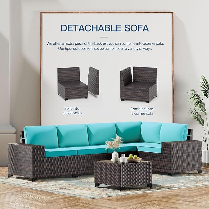Kullavik Outdoor Patio Furniture Set,12 Pieces Sectional Rattan Sofa Set Brown PE Rattan Wicker Patio Conversation Set with 10 Seat Cushions and 2 Tempered Glass Coffee Table,Turquoise Blue