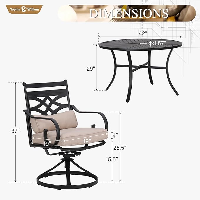 Sophia and William Swivel Patio Dining Set for 4, Outdoor Table and Chairs, Removable Seat Cushions, Black 42" Round Patio Dining Table