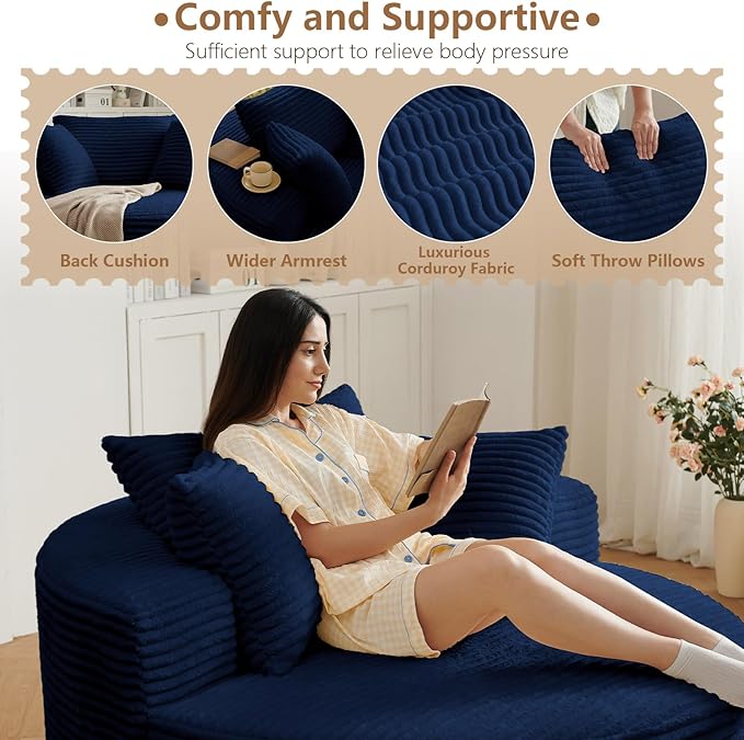 Oversized Round Chair Lounge Chaise Indoor, Upholstered Corduroy Deep Seat Cloud Large Circle Sofa Chair, No Assembly Required, Fluffy Modern Sleeper Sofa Bed for Reading, Living Room, Dark Blue