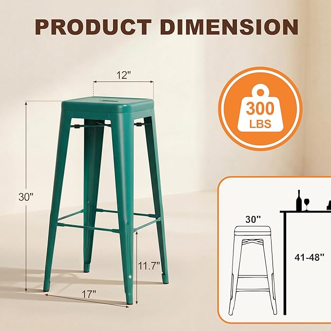 Shahoo 30 Inches Metal Bar Stools Counter Height Stackable Backless Stools, Industrial Patio Stools Indoor Outdoor Metal Kitchen Stools Set of 4 (Green, 30'')