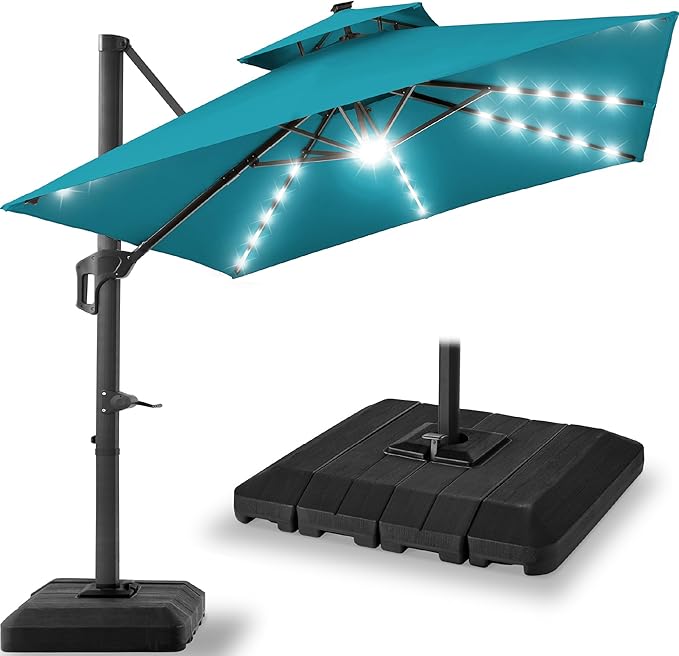 Best Choice Products 9x12ft LED Cantilever Patio Umbrella w/Base Included & 360° Rotation, Large Solar Offset Hanging Outdoor Sun Shade for Deck, Backyard Table w/Stand & Lights – Cerulean