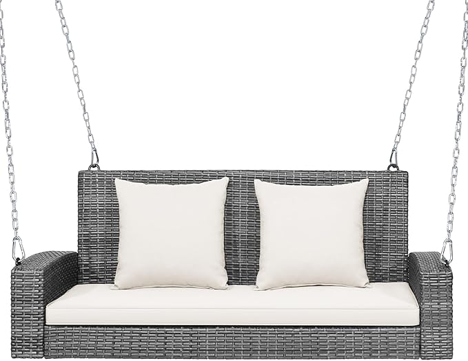 RELAX4LIFE 2-Person Porch Swing Bench - PE Rattan Outdoor Swing Chair with Comfortable Seat & Back Cushions, Rustproof Metal Chains, Patio Loveseat Swing for Balcony, Garden, Yard, 800 LBS (Off White)