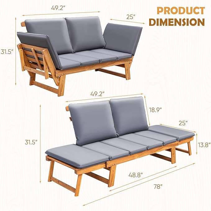 Greesum Patio Convertible Couch Sofa Bed with Adjustable Armrest, Acacia Wood Outdoor Daybed with Cushion & Pillow, Folding Chaise Lounge Bench for Porch Courtyard Poolside，Gray