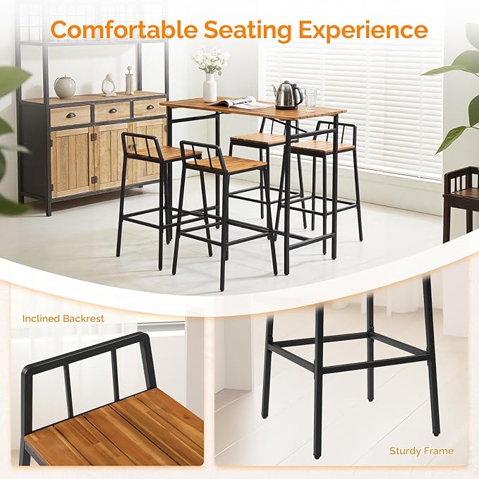 VINGLI 5 Pieces Outdoor Patio Bar Set, Acacia Wood Outdoor Dining Set Patio Table and Chairs Set for Porch Poolside Backyard Garden Balcony