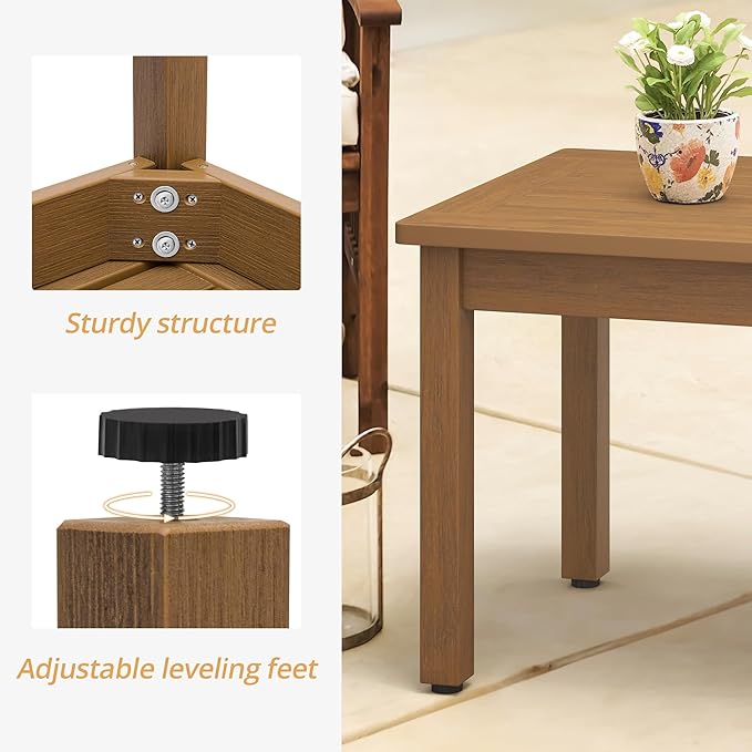 LUE BONA Outdoor Coffee Table Rectangle, HDPS Patio Coffee Tables for Outside, All Weather Patio Coffee Table with Slatted Tabletop for Deck, Garden, Balcony, Indoor or Outdoor Use, Teak