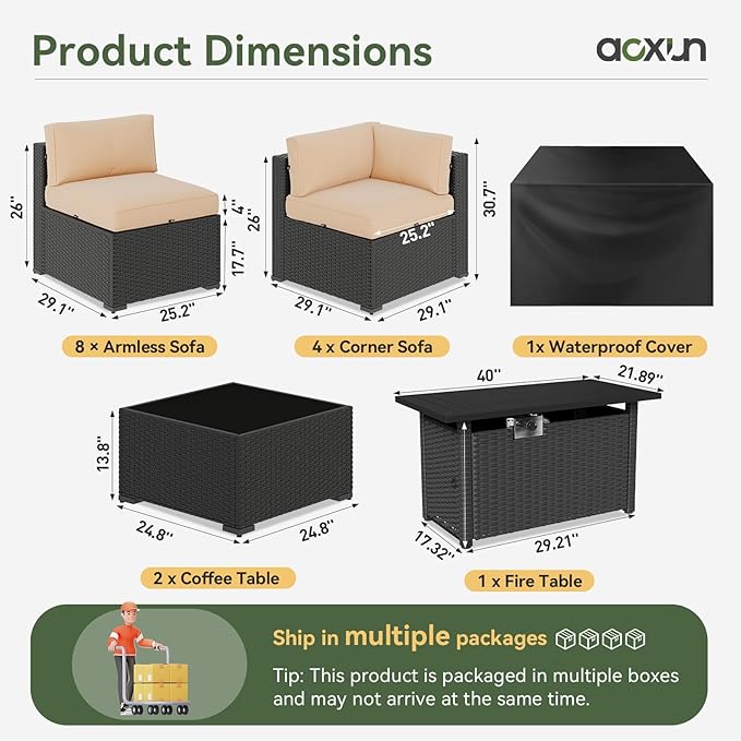 Aoxun 15 Piece Patio Furniture Set with 44” Fire Pit Table Wicker Rattan Patio Sectional Sofa Set Outdoor Seating Furniture with Thickened Cushion, Beige