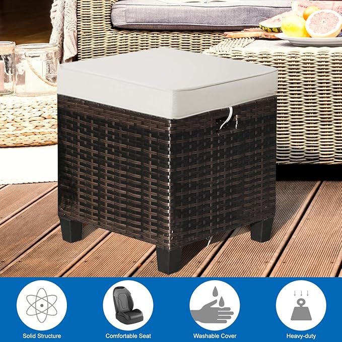 Tangkula 2 Pieces Outdoor Patio Ottoman, All Weather Rattan Wicker Ottoman Seat, Patio Rattan Furniture, Outdoor Footstool Footrest Seat w/Removable Cushions