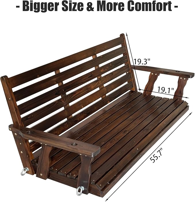 Wooden Porch Swing, Ergonomic Seat, Bench Swing with Hanging Chains and 7mm Springs, Heavy Duty 880 LBS, for Outdoor Patio Garden Yard (Dark Brown, 3-Seater Extra Large)